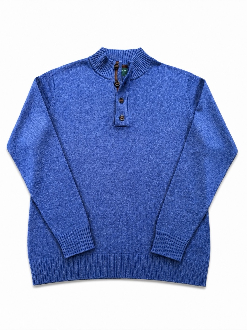 Orvis Wool Cotton Blend Button Mock Neck Sweater Blue Leather Trim Men’s Large